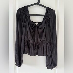 Moon River Black Puff Sleeve Ruched Peplum Blouse